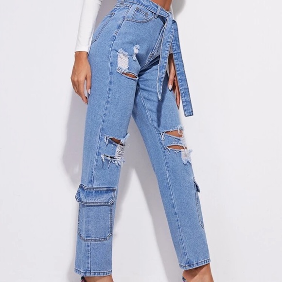 High waist self belted flap pocket ripped jeans - Picture 4 of 5